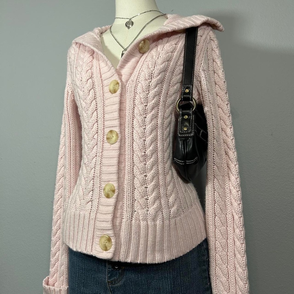 St Johns Bay Baby Pink Cable Knit Button Up Cardigan Mock Neck Womens S Coquette - Picture 2 of 8